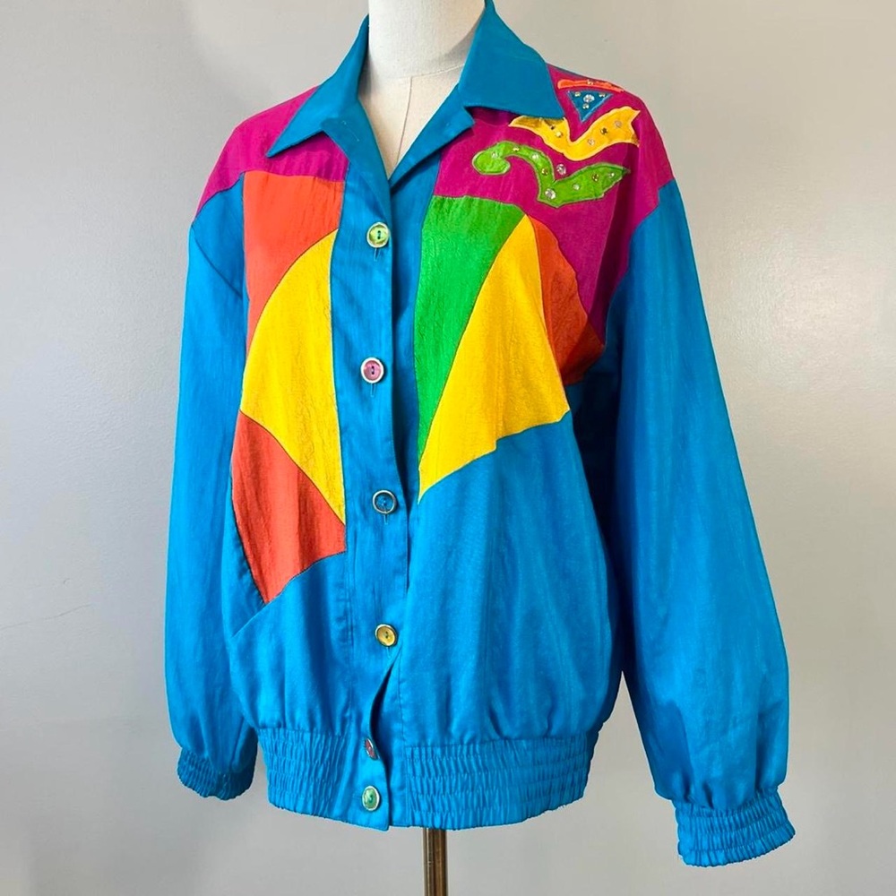 Vintage 1980s Colorblock Winderbreaker Retro Colorful Jacket Small Medium - Picture 2 of 8